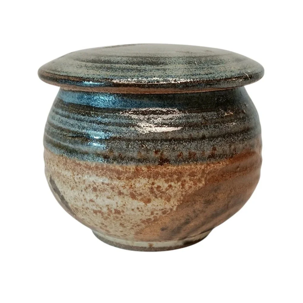 Sherwood Pottery Blue Lidded Jar Brown Swirl Jam Jar Or Trinket Box 3.5